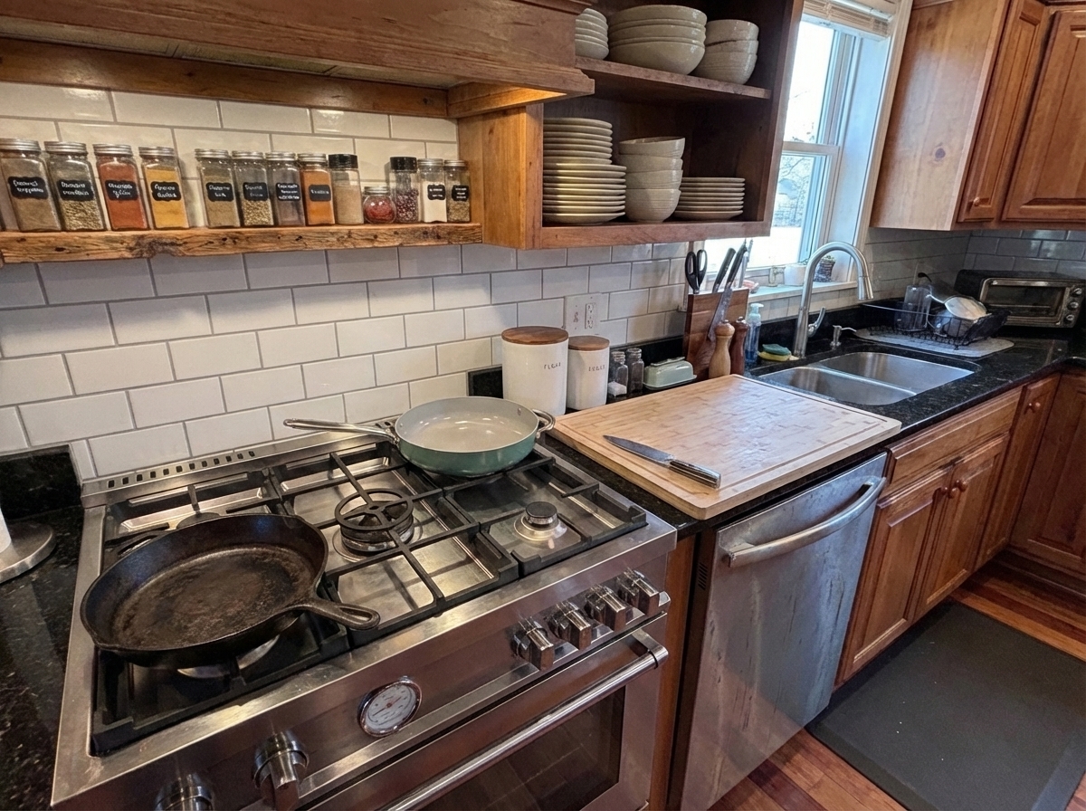 Modest home kitchen, gas range, cast iron pan on a burner, lived-in and clean