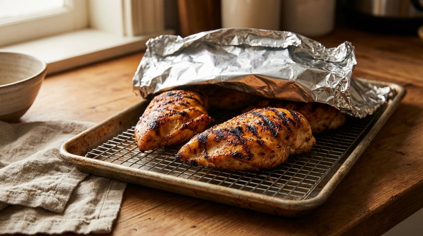 Grilled chicken breasts resting on a rack, tented with foil for juicy results.