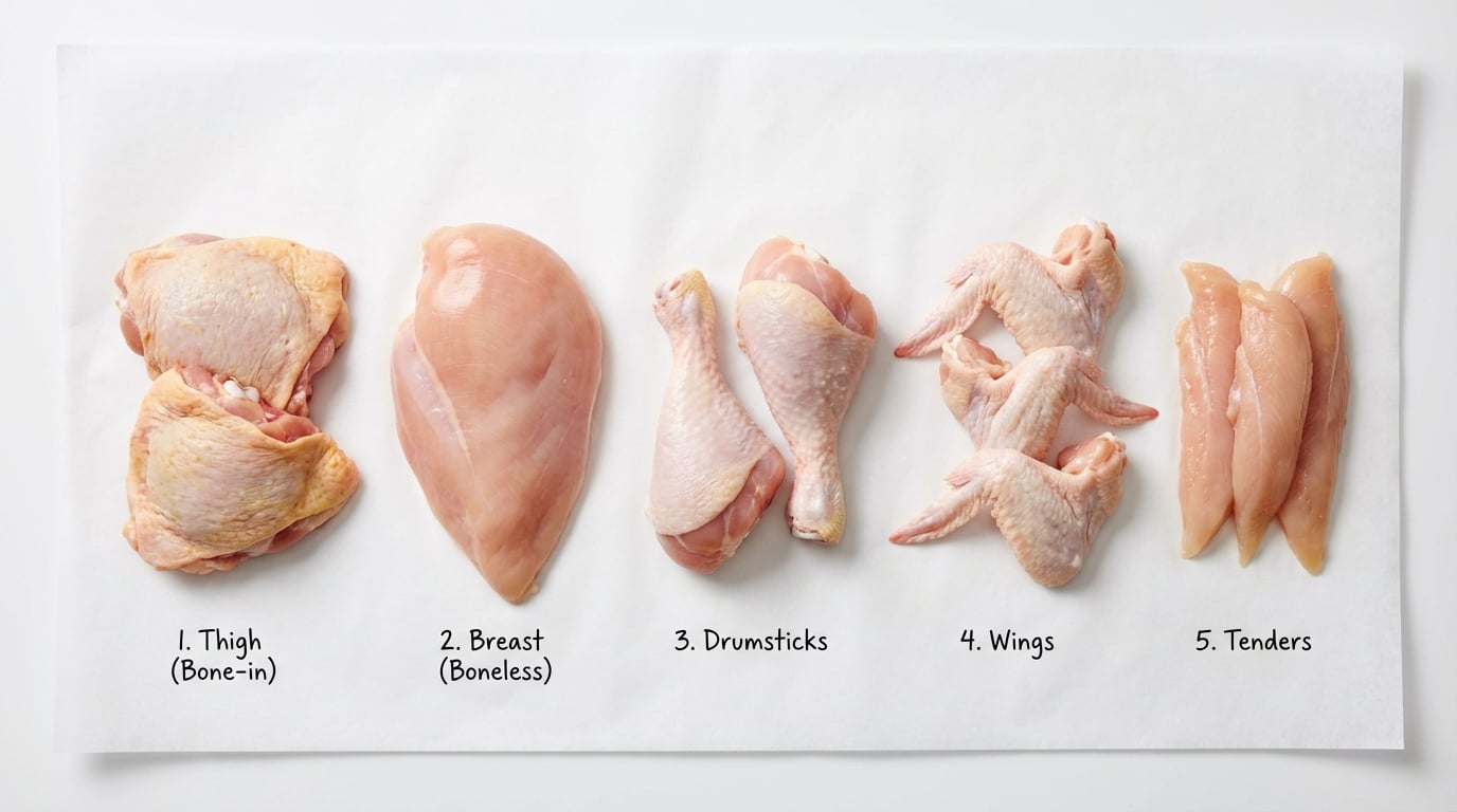 Five raw chicken cuts flat lay: thighs, breasts, drumsticks, wings, and tenders on white butcher pap