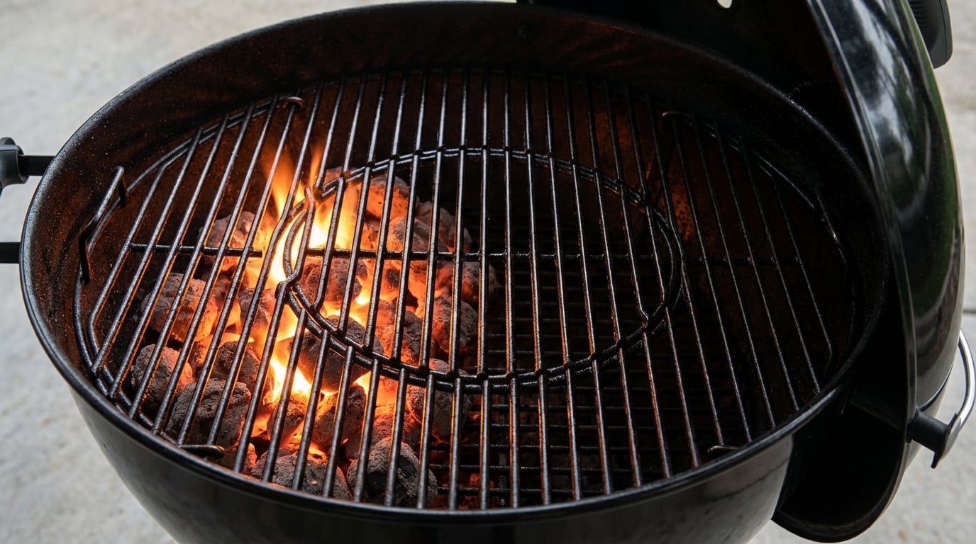 Charcoal kettle grill with two-zone setup: glowing orange coals on one side, cool zone on the other.