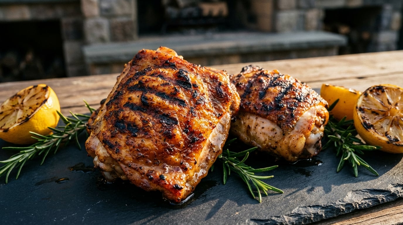 Crispy grilled bone-in chicken thighs with char marks on slate board with rosemary and lemon.