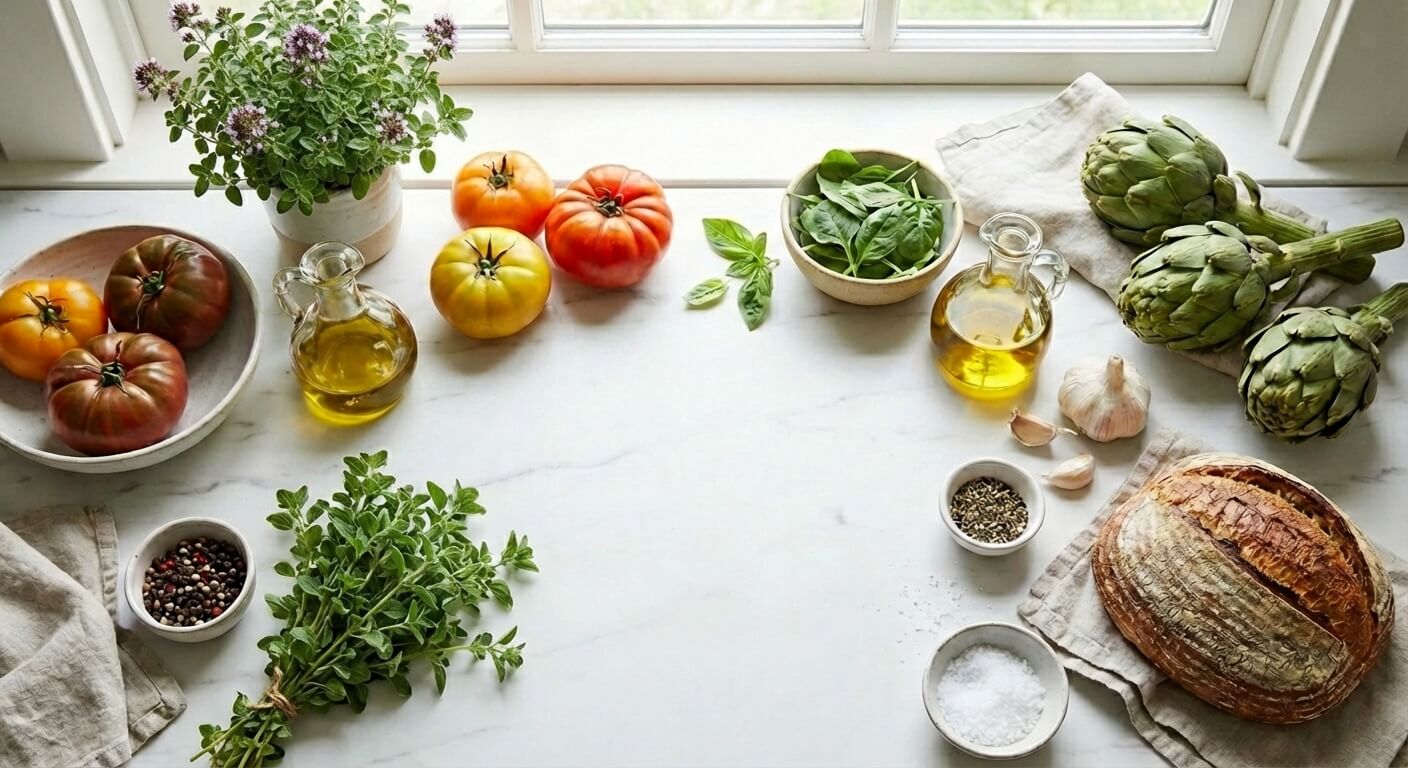Clean kitchen flat-lay with fresh ingredients on white marble