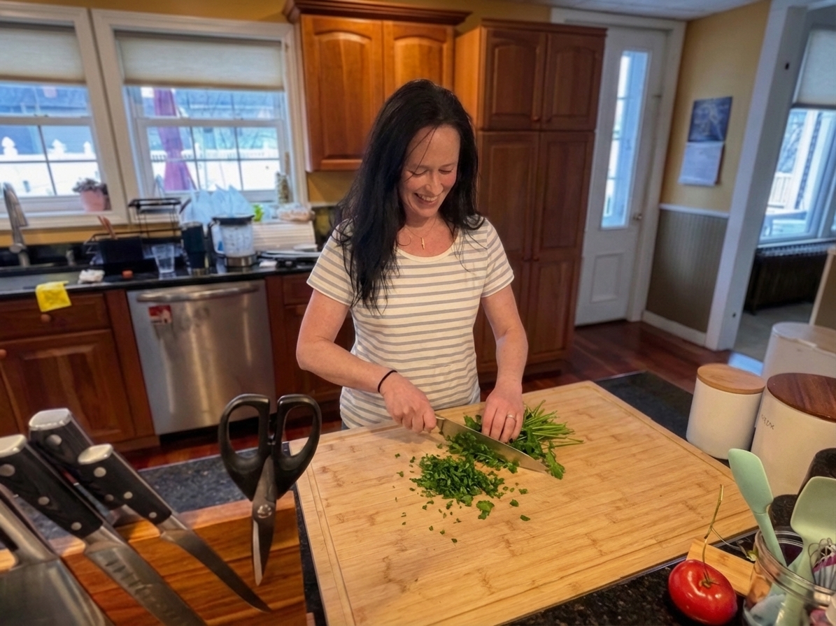 Julie slicing vegetables at a kitchen counter, candid natural light